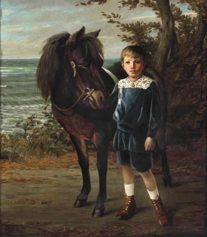 A Little Boy In A Blue Dress With White Collar Standing With His Horse At The Sea