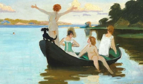 Tyttöjen kylpeminen soutuveneessä kesäpäivänä juuri ennen auringonlaskua 1890