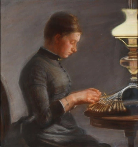 الداخلية مع امرأة شابة تصنع الدانتيل 1885