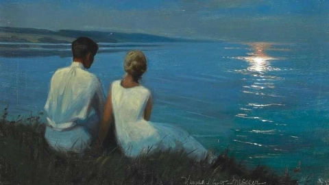 Moonlight Una giovane coppia ben vestita, guardando la luna che splende sulla superficie dell'acqua