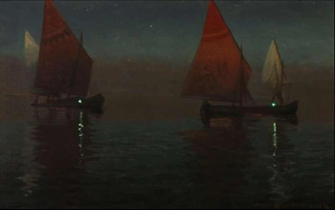 Scena notturna con barche presumibilmente per la pesca delle sardine