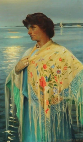 Ritratto della moglie dell'artista Agnes Slott-moller al tramonto in riva al mare