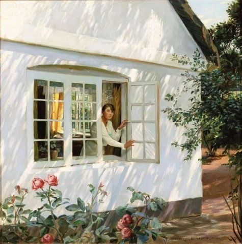 Mattina d'estate. Una giovane donna apre la finestra sul giardino 1918