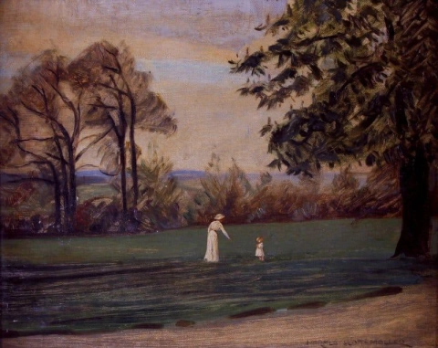 公園を散歩する女性と子供