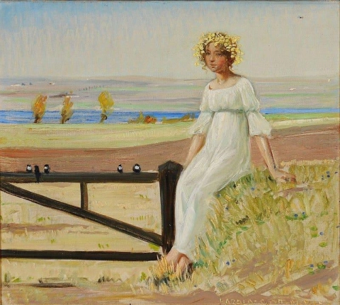 髪に花をつけた若い女の子がフェンスの上に座っている