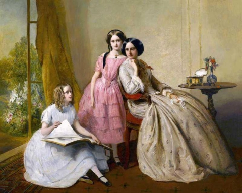 Un retrato de dos niñas con su institutriz.