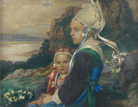 Bretonne en haar meisje aan de kustwaterkant