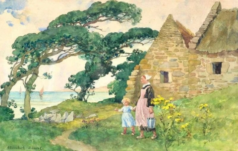 Breton Woman And Her Child Looking At The Sailboats