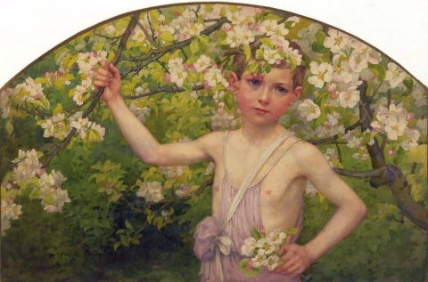 Niño bajo el manzano en flor