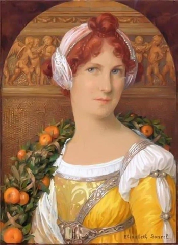 Giovane donna in busto con corona di mandarino