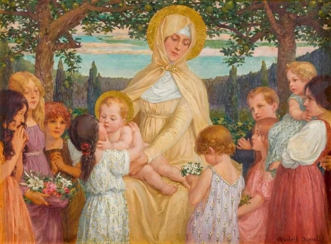 María con el niño Jesús y los niños.