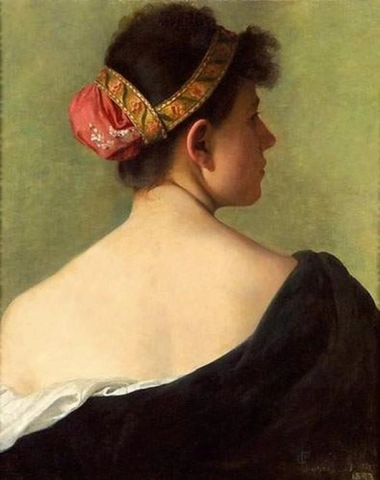 Portret van een jonge vrouw vanaf de achterkant met een bloemenlint in haar haarknot, 1893