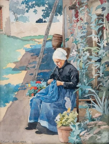 Sewing In The Garden 1892