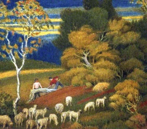 paisaje con ovejas y leñadores