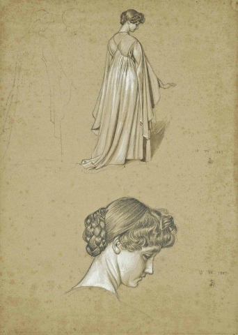 Studie av en stående kvinna observerad bakifrån och en studie av huvudet på en dam 1887
