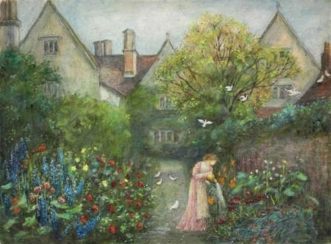 En dam i trädgården på Kelmscott Manor Gloucestershire 1883