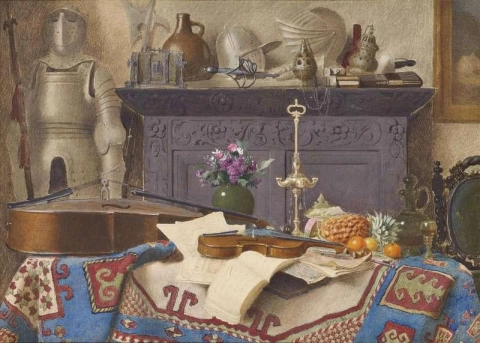 Una collezione da intenditori. Natura morta con un violoncello, un violino, arance, un limone e un ananas su un tavolo coperto da un tappeto persiano, 1884