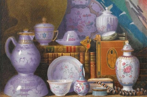 Ett stilleben av kinesiskt porslin och böcker 1877