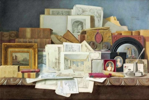 Kunst og bokstaver. Stilleben av bøker, malerier, trykk og andre gjenstander 1892