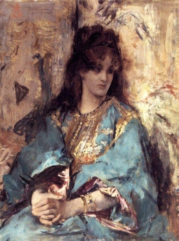 Een vrouw, zittend in oosterse kleding