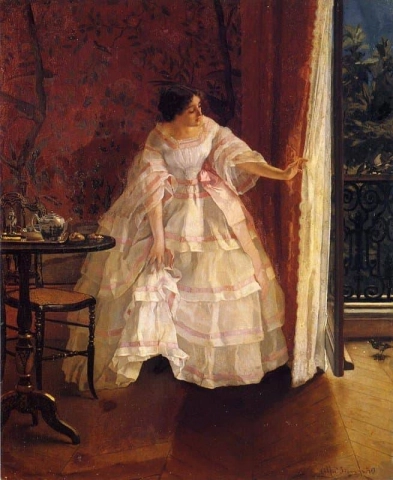 Dame ved et vindu som mater fugler ca. 1859
