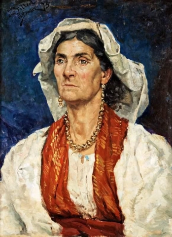 Nainen, jolla on punainen huivi ja valkoinen päähine 1875