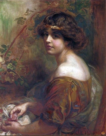 Violet Claytonin muotokuva 1893-1977 istuu puolipitkänä ruusuja sylissään 1913