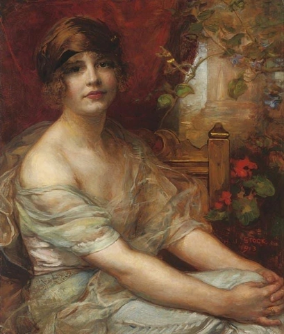 Porträtt av Winifred Ianthe Clayton 1895-1975 Sittande halvlångt i en blå klänning 1913