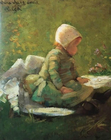 Helga Ancher sitzt im Gras