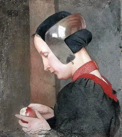 Retrato de uma senhora descascando uma maçã