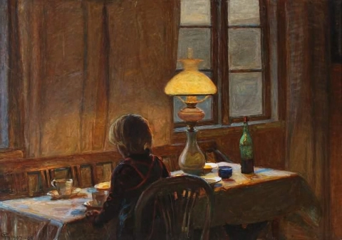 De zoon van de kunstenaar, Lars Jacob Zakker, zittend aan de eettafel, 1907-1908