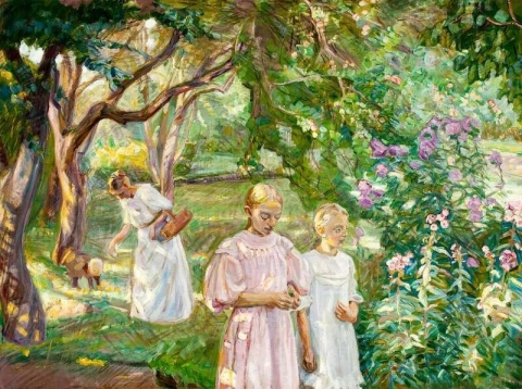 La esposa y los hijos del artista en el jardín.