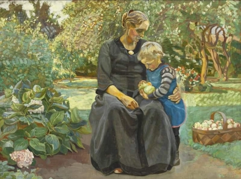 Taiteilijan vaimo Anna kerää omenoita puutarhaan yhdessä yhden lapsen kanssa 1909