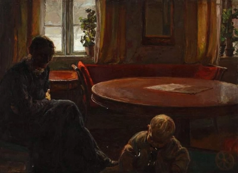 Taiteilijan vaimo Anna Syberg katselee lastaan leikkimässä lattialla salongissa