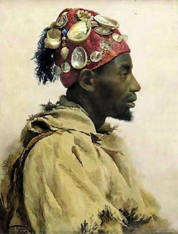 Aka arabimies, jolla on kuorilla koristeltu hattu