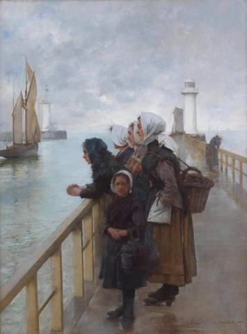 Warten auf die Boote Hafen von Boulogne 1890