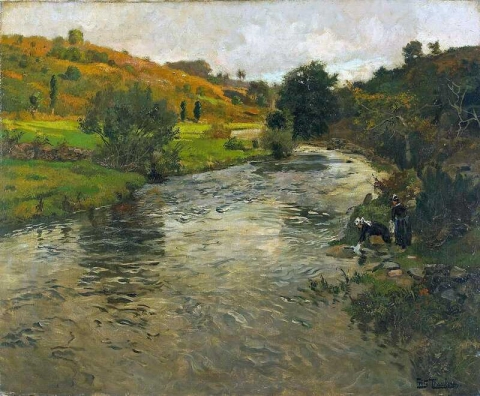 Un paisaje fluvial con dos lavanderas en la orilla del río hacia 1901