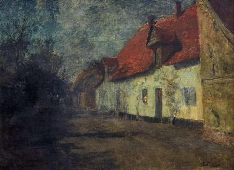 Village Street At Night With A Horse Carriage