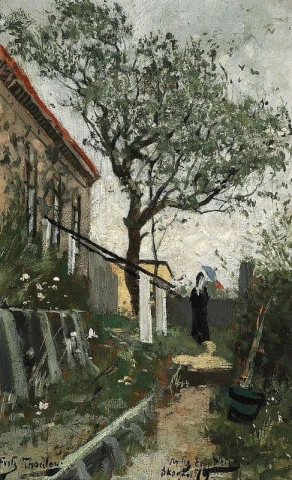 Kvinne med parasoll på sti i hagen bak kjøpmann Holst S husmannsplass Skagen 1879