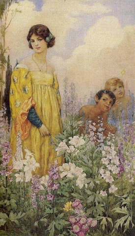 Ein junges Mädchen mit Pfanne und Amor in einem wilden Garten