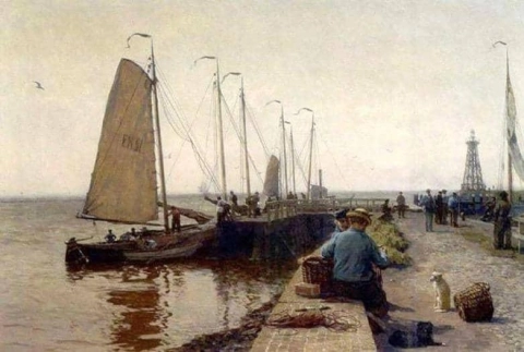 Aangemeerde vissersboten in de haven van Enkhuizen, ca. 1900