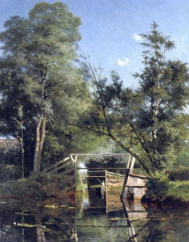 Punteren op kalm water in de buurt van een brug
