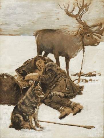 Samepojke Vilandes Vid Ren Och Hund 1895
