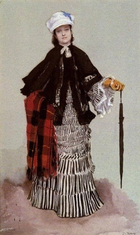 Eine Dame in einem schwarz-weißen Kleid, ca. 1873