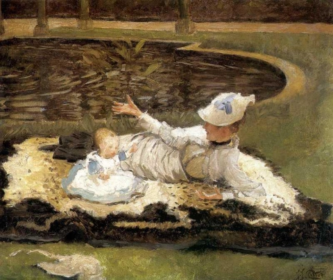 Fru Newton med et barn ved et basseng