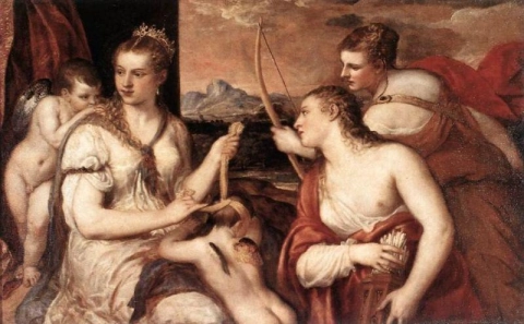 Venus blinddoekt Cupido