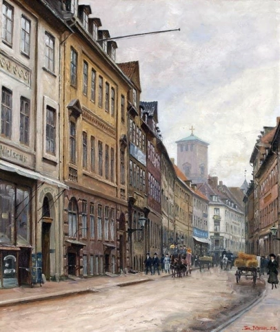 Ein Blick auf eine Kopenhagener Straße mit der Kirche Unserer Lieben Frau in der Ferne, 1918