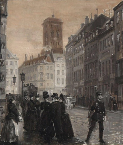 Вид с Амагерторва на магазин Киркестр Де и церковь Николая Копенгаген 1889