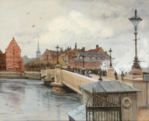 Вид на мост Книппель в Копенгагене с Борсеном на заднем плане