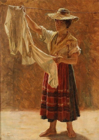 Mujer italiana colgando la ropa